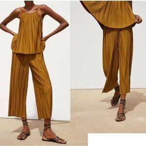 Zara golden mustard yellow pleated cropped wide leg culotte Palazo pants Sz m